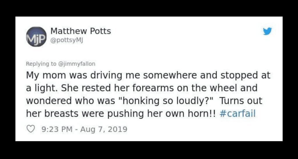 A tweet about accidentally leaning on a horn