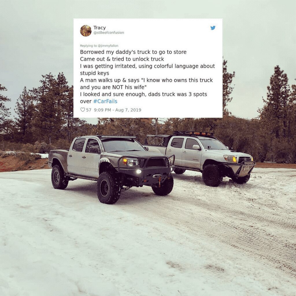 A tweet about trying to enter the wrong truck in a parking lot