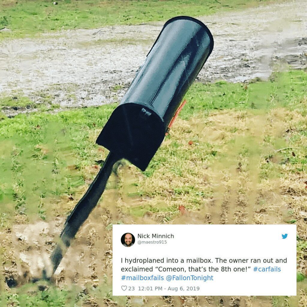A tweet about repeatedly repairing a mailbox after multiple crashes