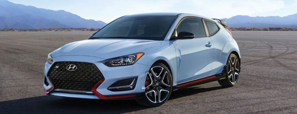 2021 hyundai veloster blue front and side view o