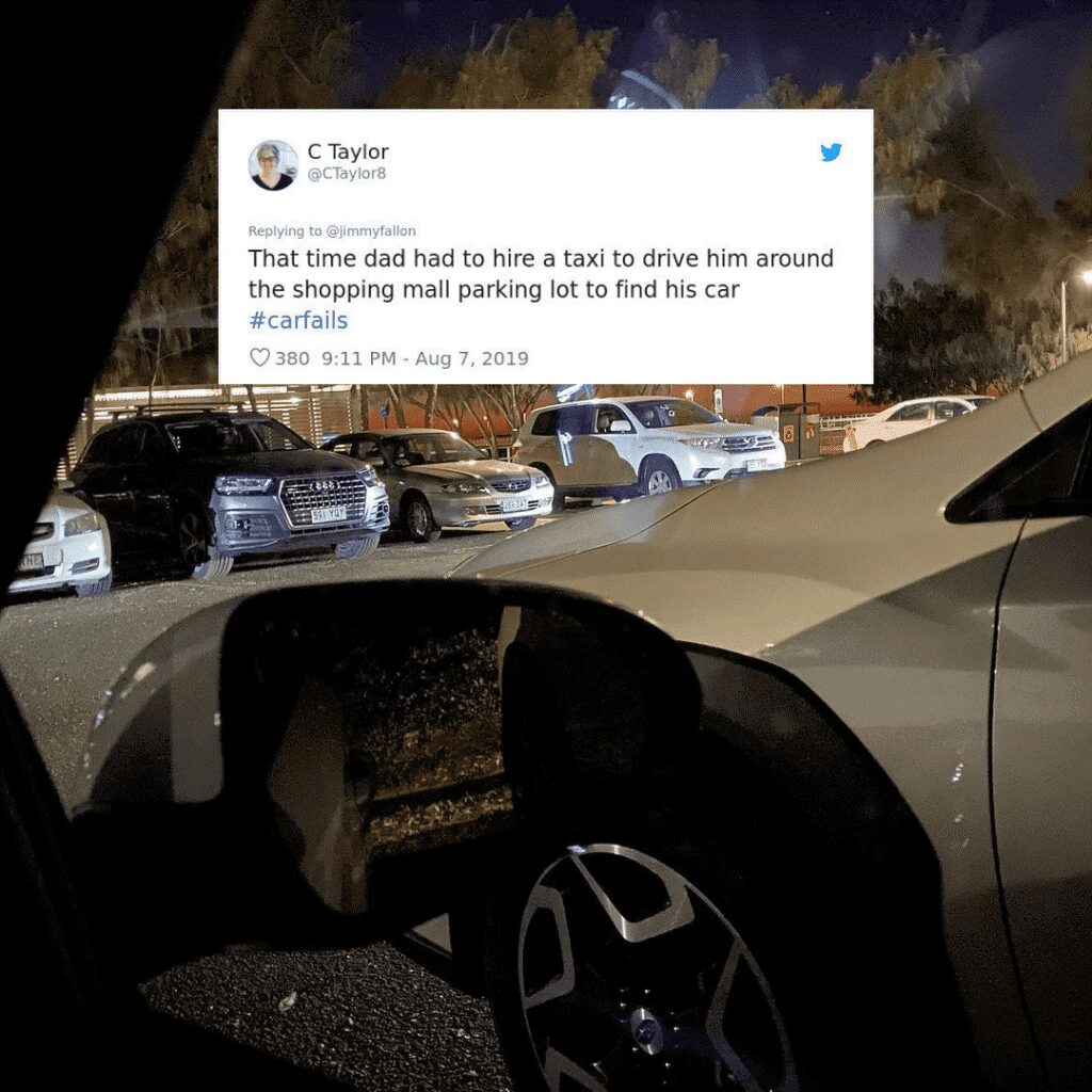 A tweet about using a taxi to find a parked car