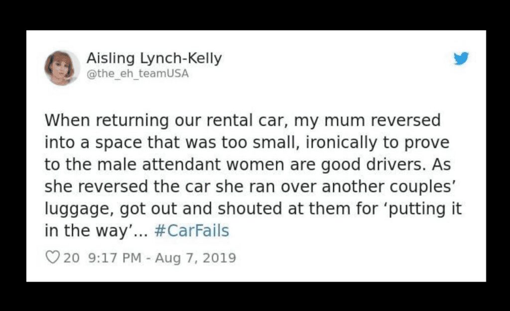 A tweet about running over luggage while trying to prove a point