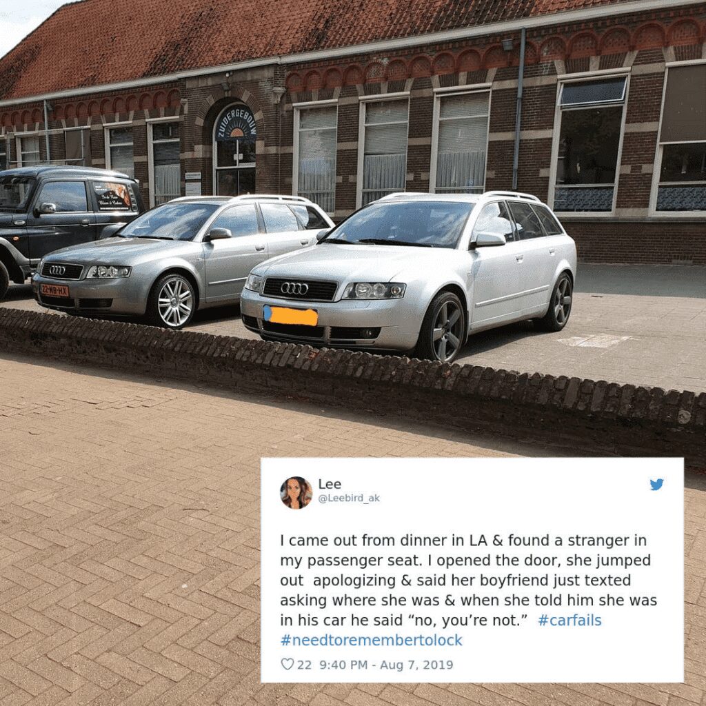 A tweet about finding a stranger in the passenger seat