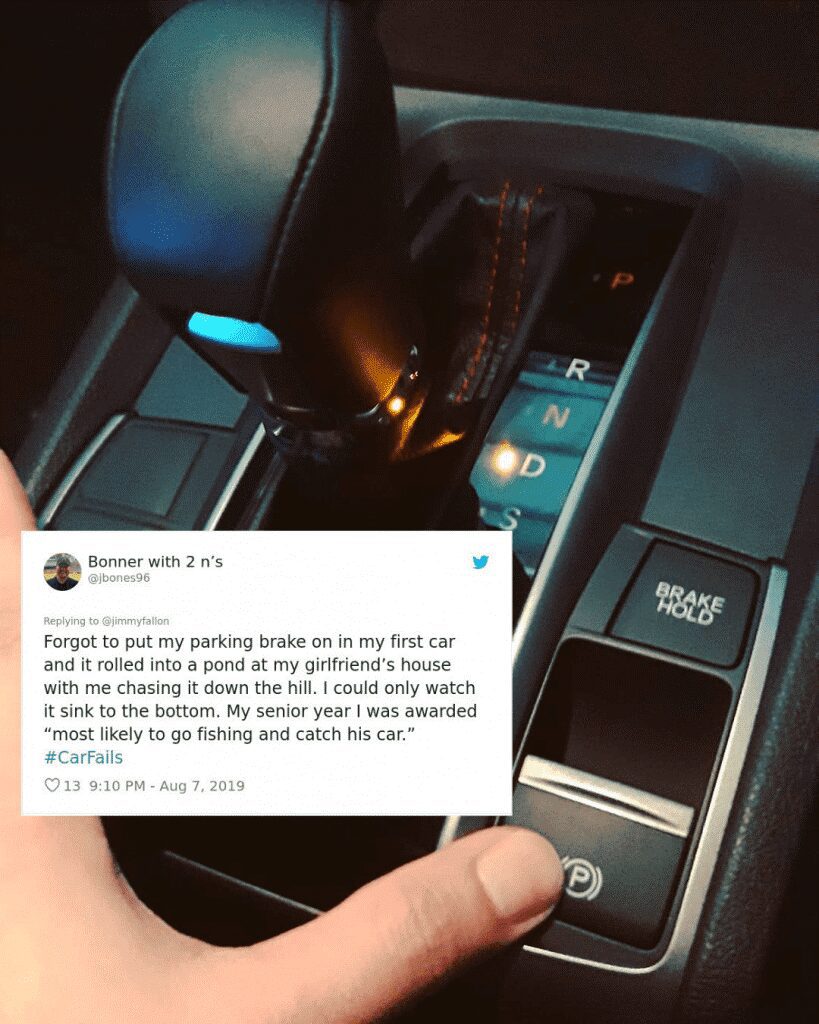 A tweet about a car rolling into a pond