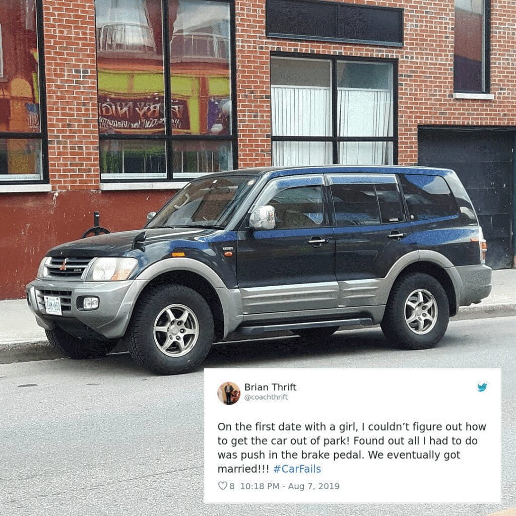 A tweet about not knowing you must press the brake to shift out of park