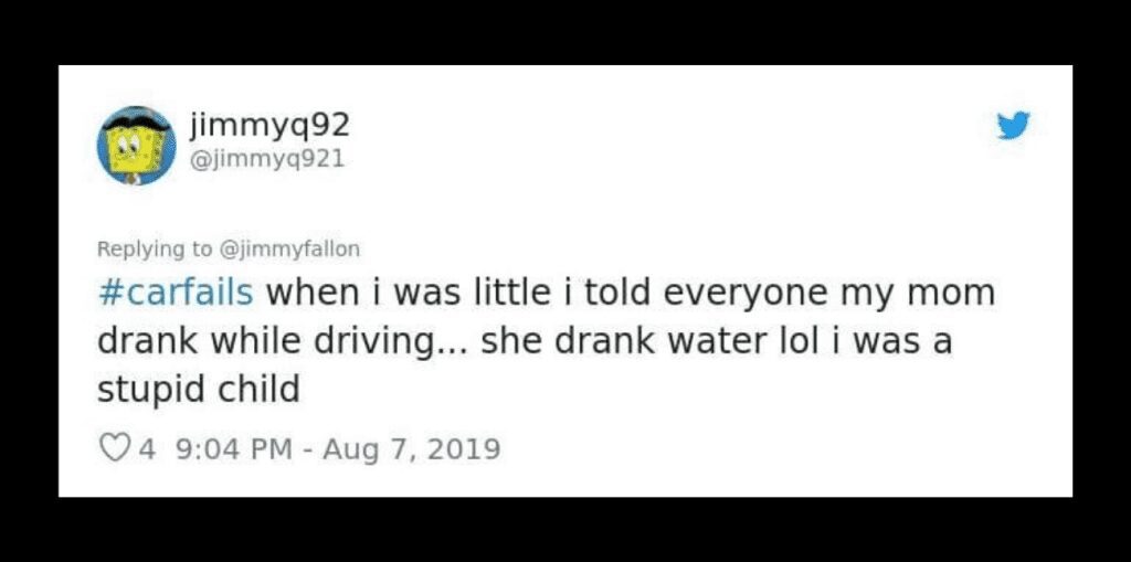 A tweet about a misunderstanding involving drinking and driving