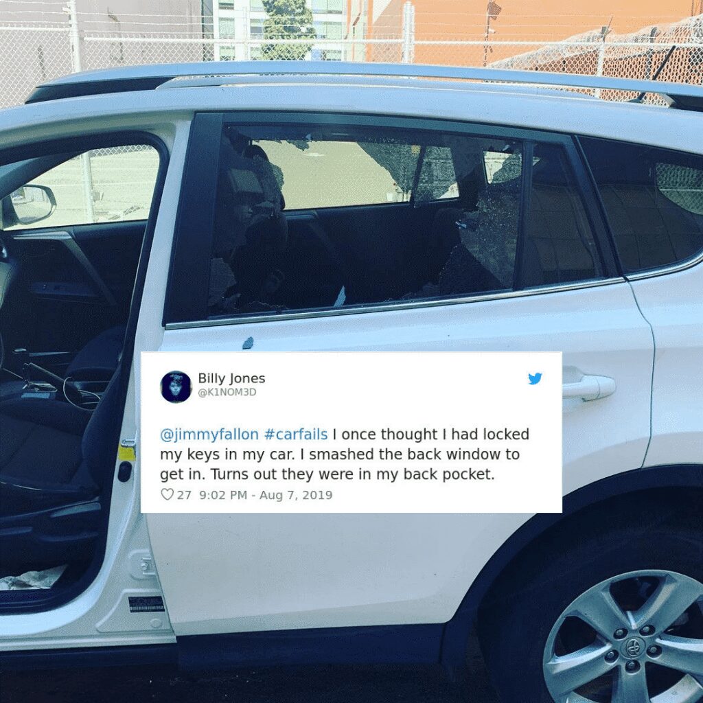 A tweet about breaking a window only to find keys in a pocket