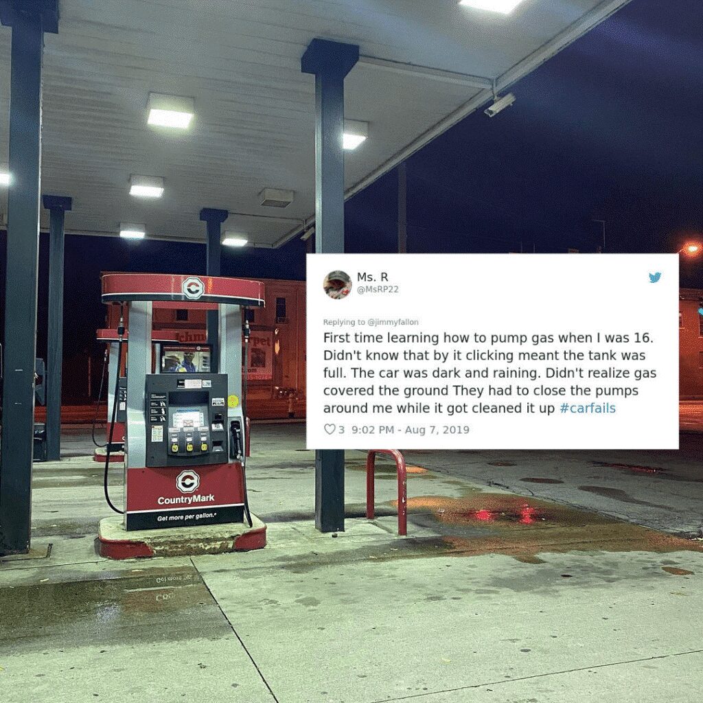A tweet about overflowing fuel while filling a gas tank