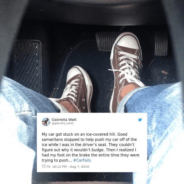 A tweet about being stuck on an icy hill while people try to push