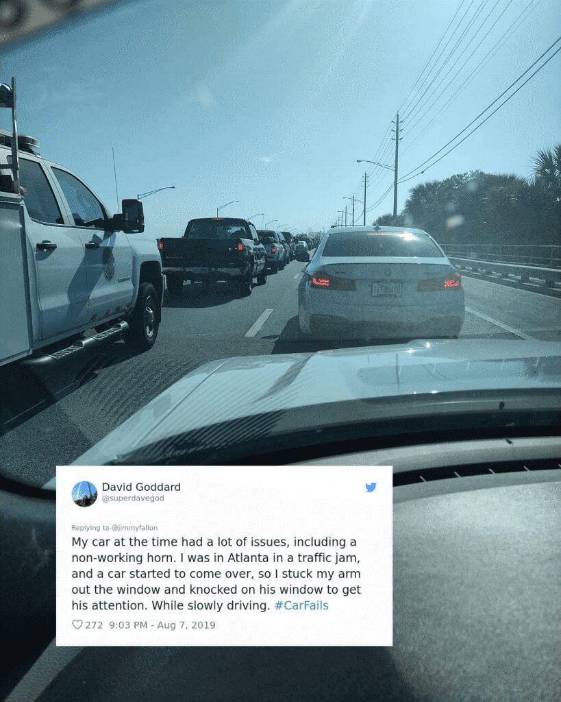 A tweet about improvising when a car horn fails