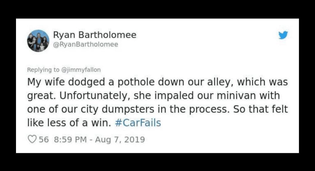 A tweet about avoiding a pothole and hitting other objects