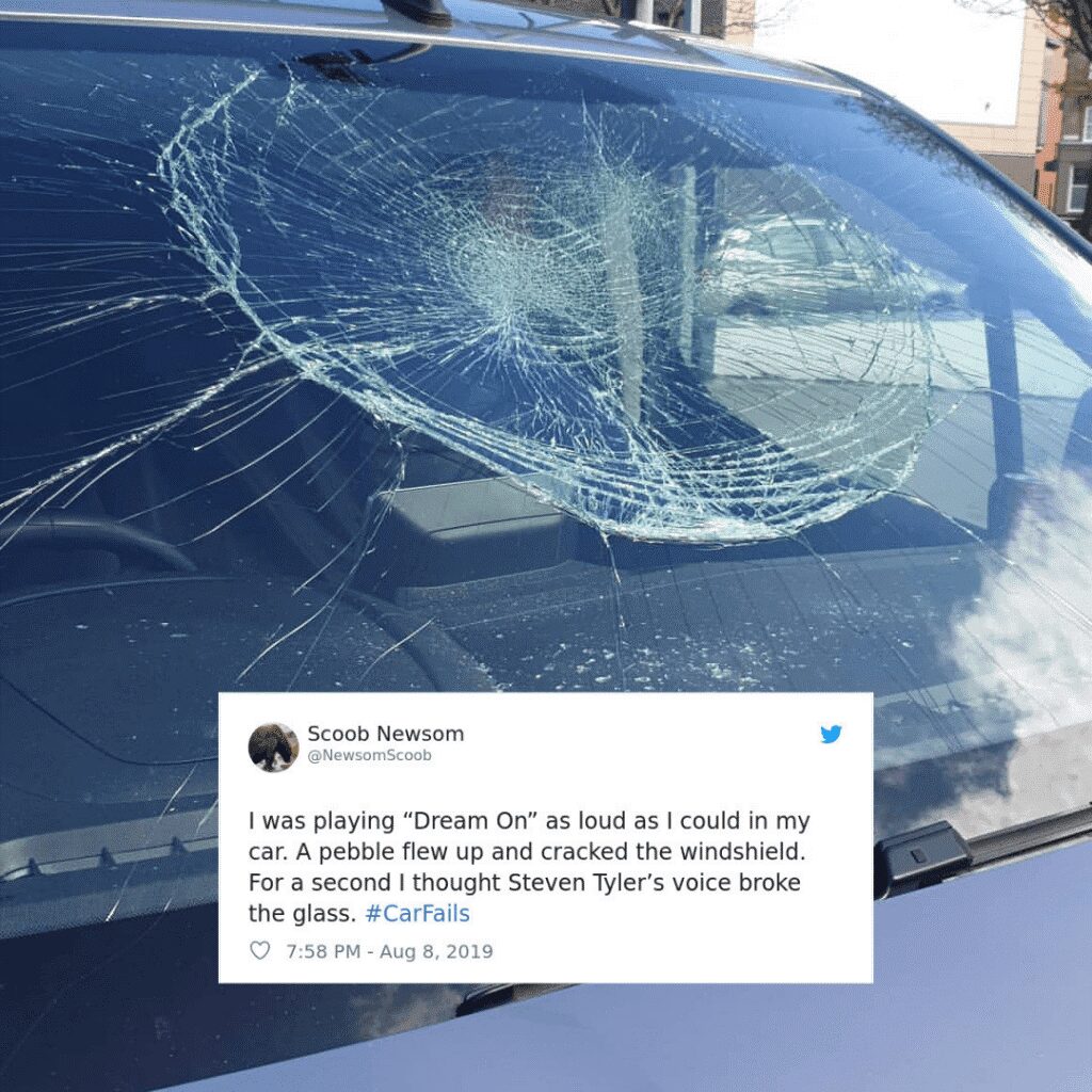 A tweet about a windshield cracking while music plays