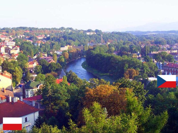 aerial view of the olza river forming the border between poland and czechia