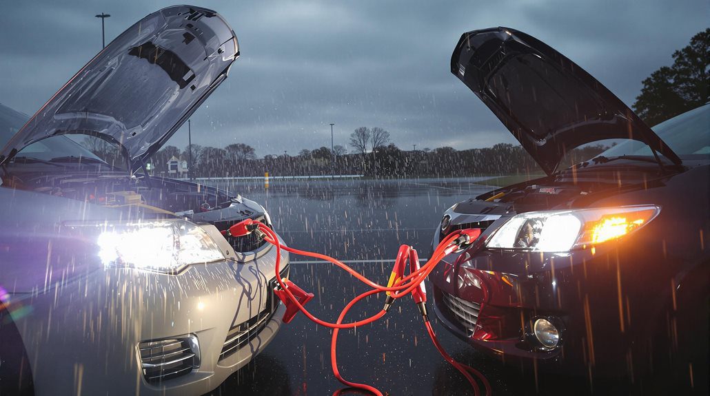 jump start a car in the rain