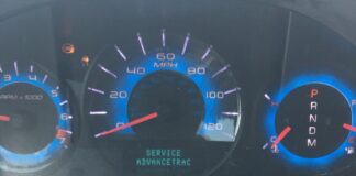 Ford Fusion dashboard with Service AdvanceTrac warning light