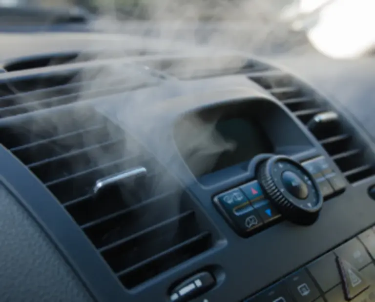 car ac blows white mist