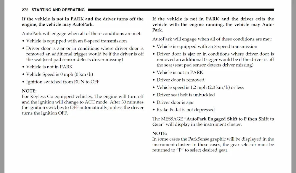 AutoPark will engage when all of these conditions are met