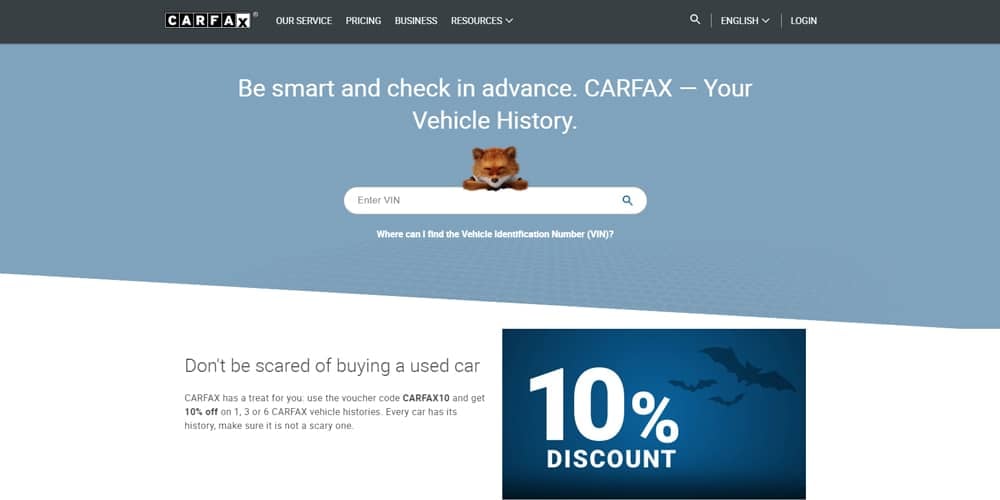 CARFAX used car listing platform with vehicle history tools