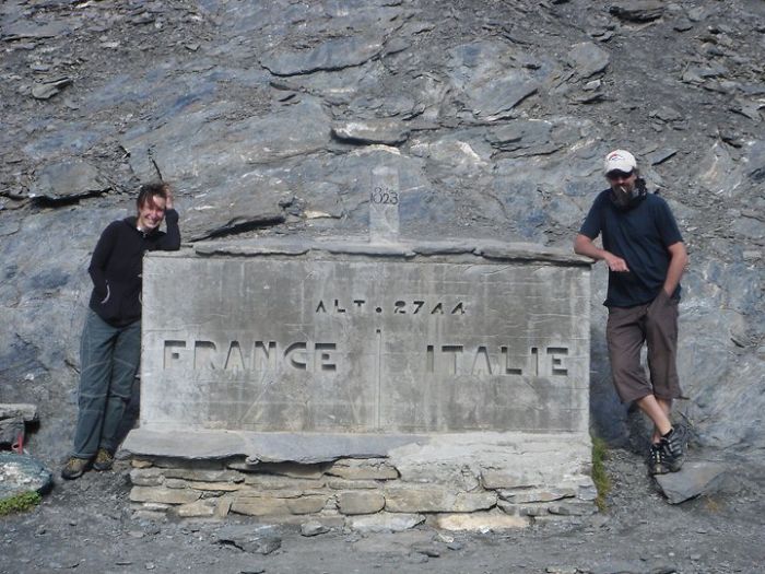 col agnel mountain pass stone border marker between france and italy