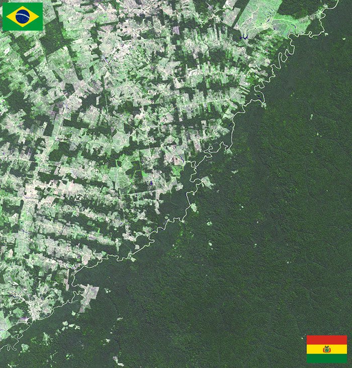 nasa satellite image showing deforestation difference between brazil and bolivia